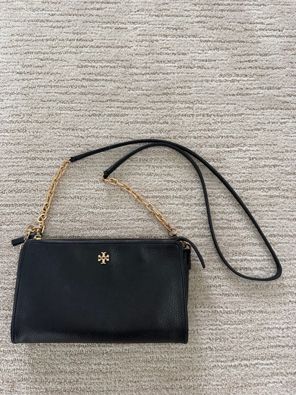 Tory Burch Black Leather Slim Crossbody with Gold Logo and Chain Strap